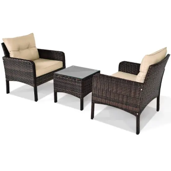 Costway 3PCS  Patio Rattan Conversation Set Cushioned Sofa Chair for Garden image {2}