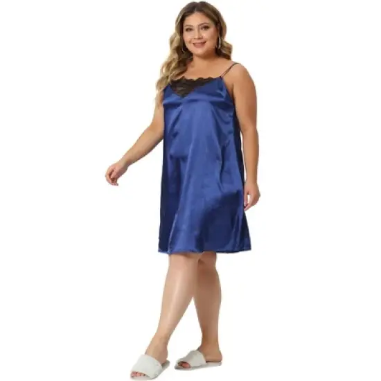 Agnes Orinda Women's Plus Size 2023 Spaghetti Strap Adjustable Lace Insert Satin Cami Nightdress image {2}