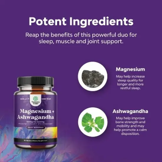 Magnesium + Ashwagandha Tablets, Calming Magnesium Supplement for Mood Sleep and Relaxation, Nature's Craft, 90ct image {3}