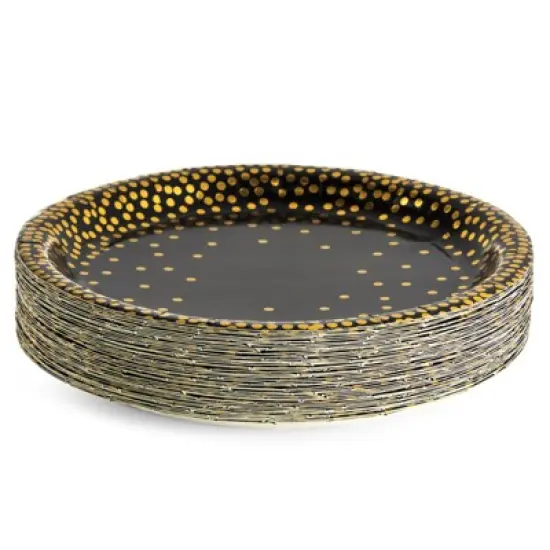Blue Panda 48 Pack Black and Gold Paper Plates with Gold Foil Dots, Birthday, Graduation, New Years, Retirement, 1920's Dinner Party Supplies, 9 In image {3}