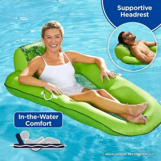 Aqua Leisure 2 in 1 Campania Convertible Pool Float Lounger with Drink Caddy, Lime Green, & 4 in 1 Monterey Hammock Pool Float Chair, Lime Green image {2}