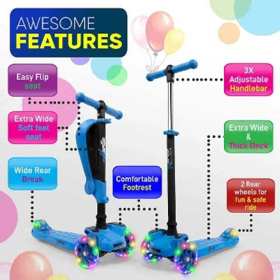 Hurtle ScootKid 3 Wheel Toddler Child Mini Ride On Toy Tricycle Scooter with Adjustable Handlebar, Foldable Seat, and LED Wheels, Blue (2 Pack) image {4}