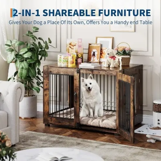 Wooden Dog Crate with Dual Locking Doors, Chew-Resistant Breed Indoor Kennel, Pet Cage End Table image {2}