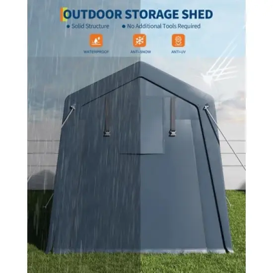 7x10FT Portable Outdoor Storage Shed with 2 Roll-Up Zipper Doors & Vents,Waterproof PE Tarp,UV-Resistant Carport for Motorcycle,Firewood,Tools-Gray image {6}