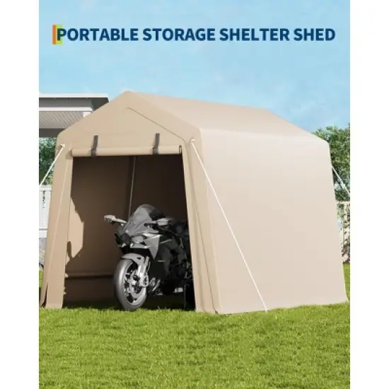 7x10 FT Outdoor Storage Shed, Motorcycle Shed with 2 Roll-Up Zipper Doors & Vents, Heavy-Duty Carport Portable Garage for Bike Firewood Tools, Khaki image {4}