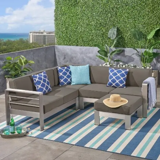 Christopher Knight Home Cape Coral Outdoor Aluminum 5 Seater Sectional Sofa Set with Ottoman, Silver/Khaki image {10}