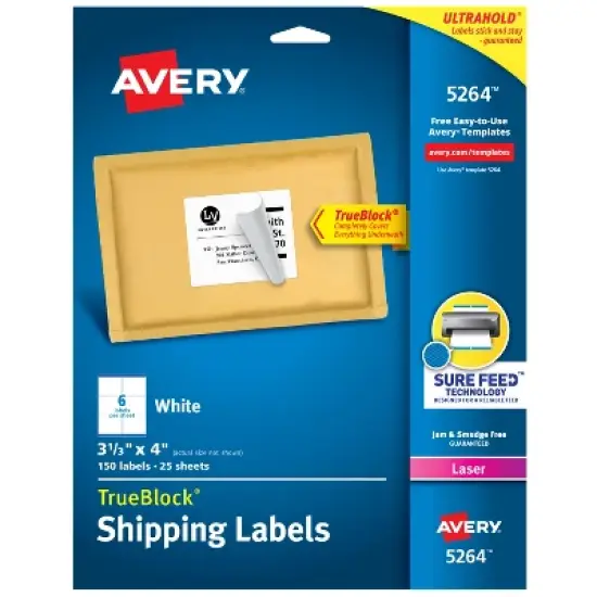 Avery TrueBlock Shipping Labels, Sure Feed Technology, Permanent Adhesive, 3-1/3" x 4", 150 Labels (5264) image {8}