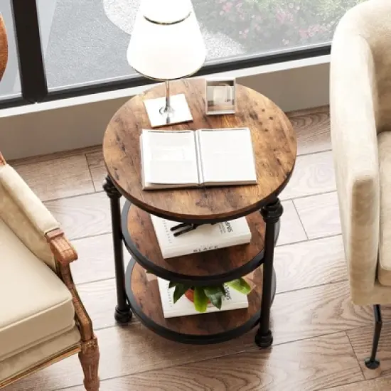 Whizmax End Table 3-Tier Round Side Table Living Room Accent Table with Storage Shelf, Wood Bed Side Table/Night Stand for Bedroom, Small Spaces image {5}