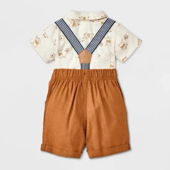 Baby Boys' 2pc Disney Winnie the Pooh Short Sleeve Bodysuit & Shorts Suspender Set - Brown image {1}