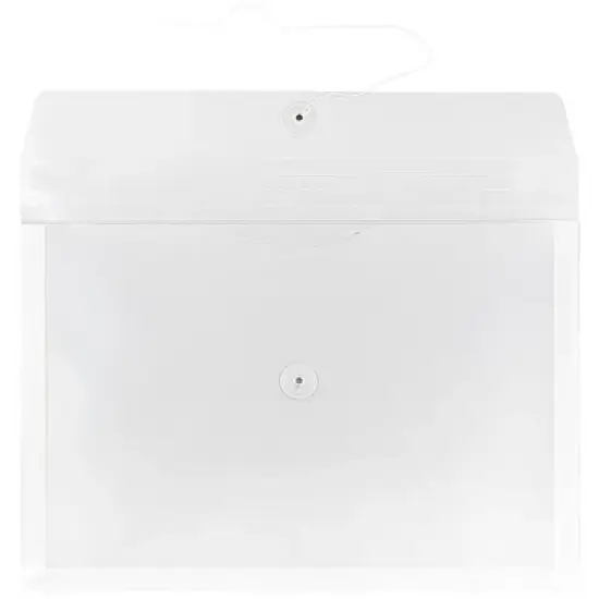 JAM Paper 9 3/4'' x 14 1/2'' 12pk Plastic Envelopes with Button and String Tie Closure, Legal Booklet - Clear: Document Storage image {1}