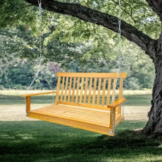 PAGED Patio Porch Swing with Armrests,Wood Bench Swing with Hanging Chains for Patio Backyard,Garden image {6}