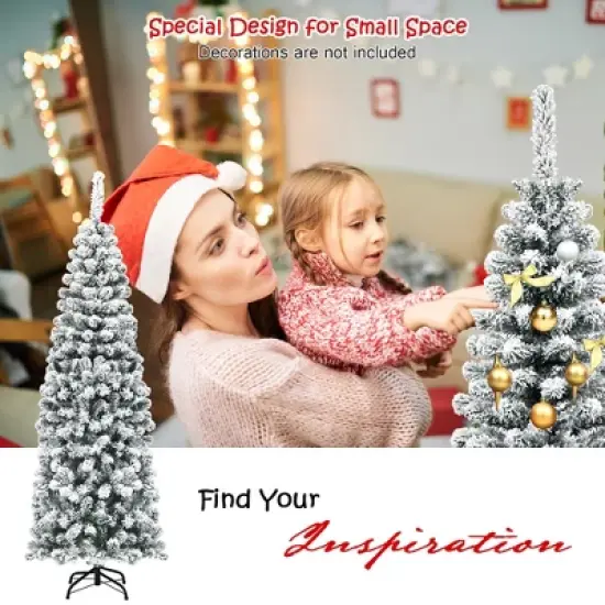 Costway 4.5/6/7.5 Ft Unlit Hinged Snow Flocked Artificial Pencil Christmas Tree with 242/500/641 Branch image {5}