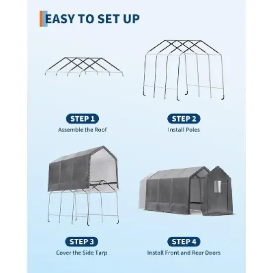 Acekool 7x15FT Outdoor Portable Storage Shed, Roll-Up Door, Heavy-Duty Waterproof PE Tarp, UV-Resistant Shelter for Tools, Garden, Motorcycles, Gray image {7}