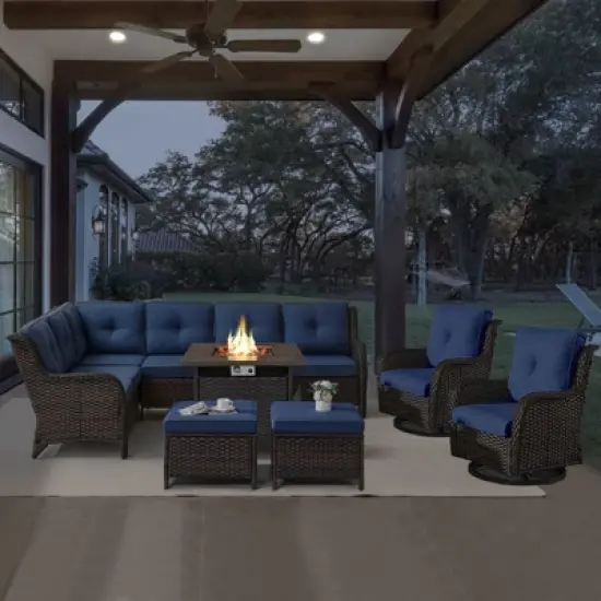 POCASSY 7-Piece Outdoor Furniture Set with Propane Fire Pit Table, Outdoor Living Set with All-Weather Brown Wicker Sectional Sofa and Swivel Chair image {15}