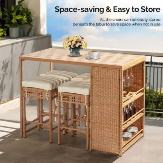 Patio 5-Piece Wicker Serving Bar Set with Cushions image {6}