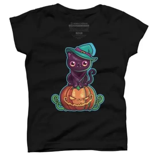 Girl's Design By Humans Ferociously Cute Halloween Vampire Witch Kitty Cat By LittleBunnySunshine T-Shirt image {2}