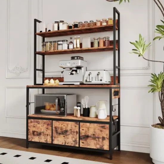 5-Tier Kitchen Bakers Rack with Charging Station & Drawers, Industrial Microwave Stand, Freestanding Farmhouse Coffee Bar image {4}