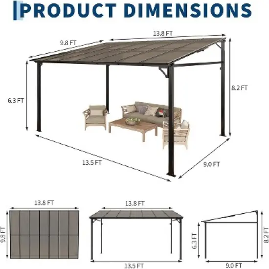 10x14ft Hardtop Lean-to Wall-Mounted Gazebo, All-Weather Pergola with 6mm Polycarbonate Roof & Reinforced Frame for Deck, Porch, Backyard, Garden image {1}