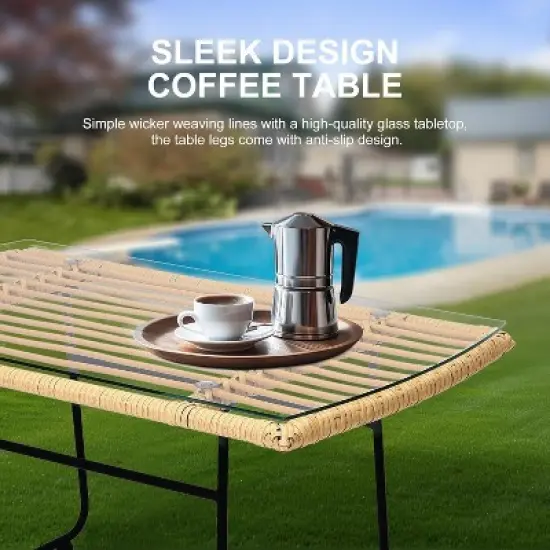 4-Piece Outdoor Patio Furniture Set with Boho Rope Wicker Sofa, Loveseat & Glass Table, All-Weather Couch for Garden, Backyard, Porch image {5}