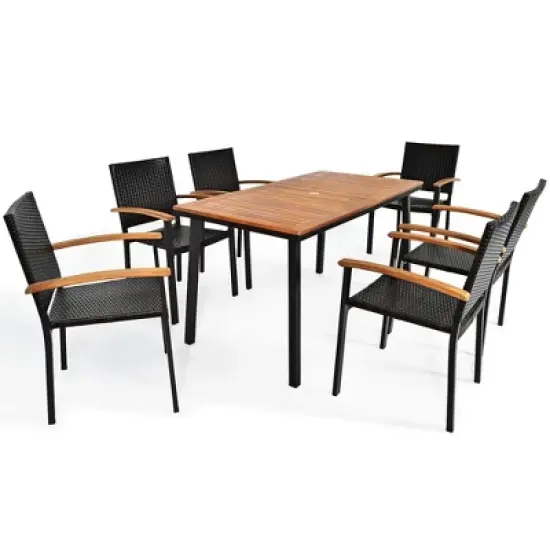 Costway 7 PCS Patio Rattan Dining Set Acacia Wood Table Top Stackable Chair image {9}