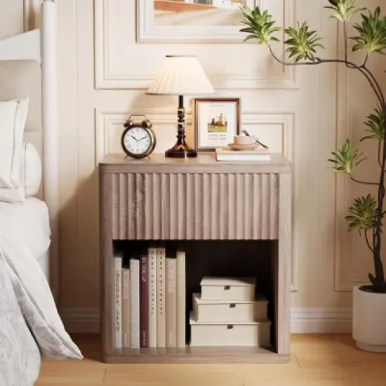Stand Set of 2, Modern Farmhouse Nightstand, Fluted Nightstand with Drawer Storage, Mid Century Wood Bedside Table for Bedroom Living Room Sofa Office image {1}