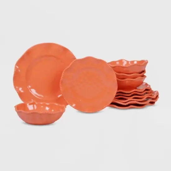 12pc Melamine Perlette Dinnerware Set Coral - Certified International: Solid Pink Dish Set, Service for 4, Dishwasher-Safe image {4}