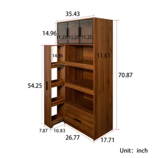 PDTEND 70.87" Freestanding Kitchen Pantry Cabinet with Pull-Out Multi-Tier Storage, Large Drawer, Aluminum Frame Glass Door - Walnut image {4}