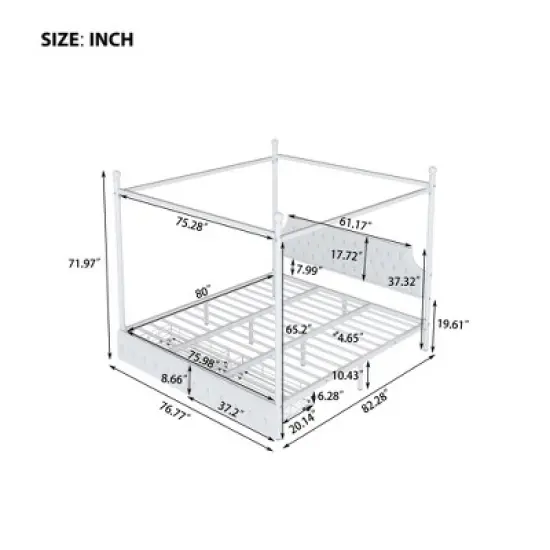 King/Queen Size Metal Canopy Platform Bed Frame with Upholstered Headboard and Two Storage Drawers, White -ModernLuxe image {3}