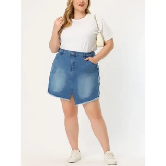 Agnes Orinda Women's Plus Size Denim Asymmetrical Slit Fashion Pockets Raw Hem Mini Skirts image {1}