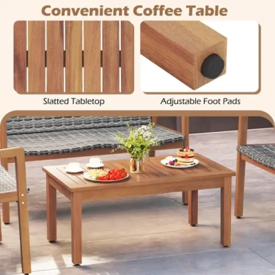 Tangkula 4-Piece Patio Furniture Set PE Rattan Patio Bistro Set with Loveseat Single Chairs & Coffee Table Outdoor Acacia Wood Conversation Set image {7}