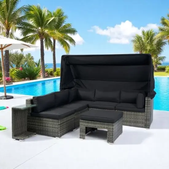 7-Piece Outdoor Patio Furniture Set with Retractable Canopy,Wicker Rattan Sectional Sofa with Washable Cushions for Lawn,Garden, Backyard, or Poolside image {3}