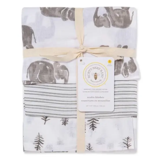 Burt's Bees Baby&reg; Woven Organic Cotton Muslin Blankets - Wandering Elephants Gray - 3pk image {1}