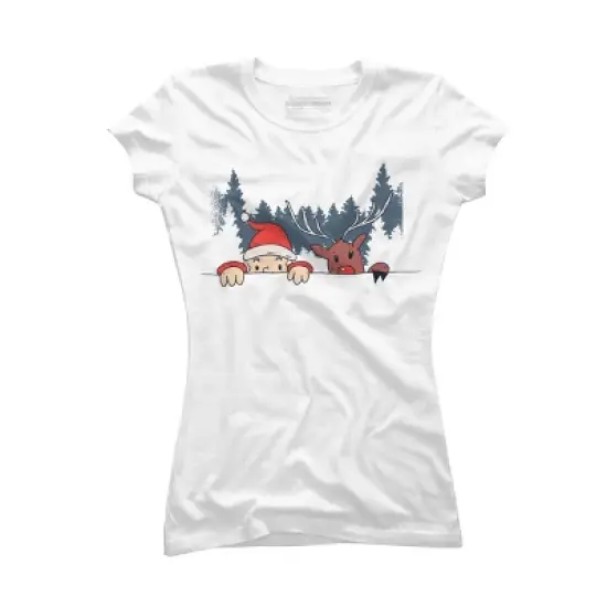 Junior's Design By Humans Christmas Santa And Rudolph Peaking By rasok T-Shirt image {4}