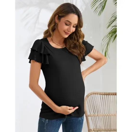 Coolmee Women's Maternity Shirts Nursing Tops Flying Short Sleeve Breastfeeding Tees Lightweight Side Ruched Pregnancy Clothes L Black image {5}