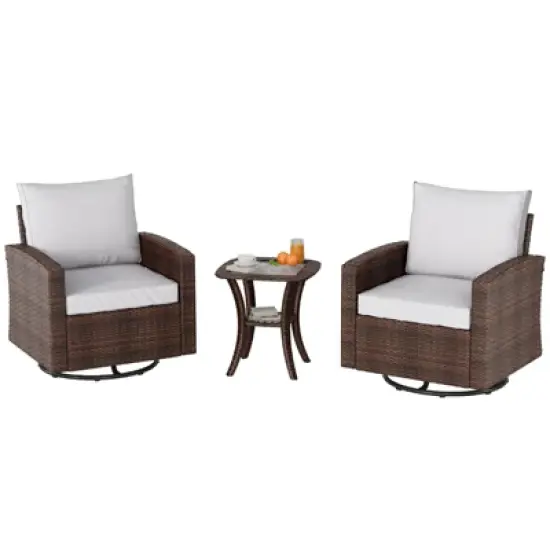 2-Piece Patio Swivel Rocker Set w/ Rattan Table & Cushions - Outdoor Wicker Chairs for Deck, Porch image {9}