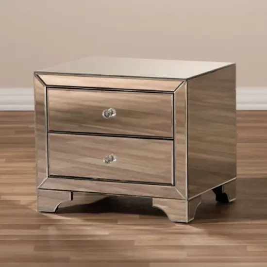Farrah Hollywood Regency Glamour Style Mirrored 2 - Drawer Nightstand - Baxton Studio image {6}