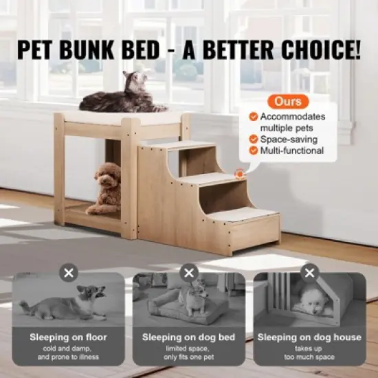 VEVOR Pet Bunk Bed with Stairs, Dog/Cat Window Perch, Multi-Level Bed Window Perch Dog Bedside Sleeper, Lounge Elevated Seat Platform(Beige) image {2}
