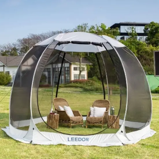 Leedor Outdoor Pop Up Portable Screen Tent with Mesh Netting Fiberglass Gazebo Gray image {2}
