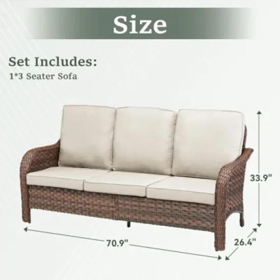 Buenhomino Outdoor Patio Couch Wicker Sofa - 3 Seater Rattan Sofa for Outside Patio Garden with Deep Seating and Olefin Cushions (Brown) image {3}