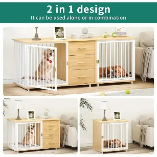 QuestaPack 74" Double Dog Crate Furniture with 2 Feeder Bowls image {4}