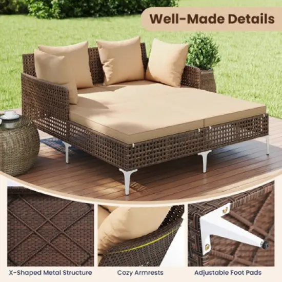 Tangkula Outdoor Rattan Double Daybed Wicker Chaise Lounge for 2 w/ Seat & Back Cushions image {7}