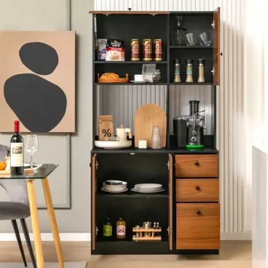 Costway 71'' Tall Kitchen Pantry Buffet Hutch Freestanding Storage Cabinet 4 Doors White/Walnut image {2}