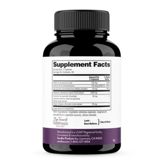 Sandhu's Elderberry Vitamin C and Zinc with Quercetin & Vitamin D3 for Immune Support (120 Capsules) image {1}