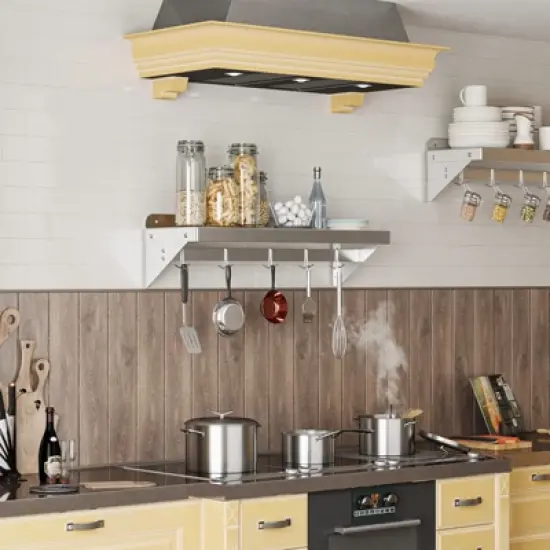 12"x24" Stainless Steel Shelf,Multifunctional Metal Wall Mounted Shelf with 2 Stainless Steel Backsplashs and 5 Hooks image {6}