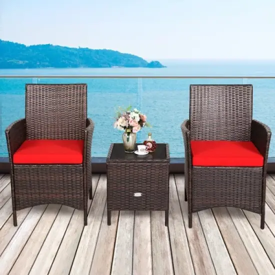 Costway 3PCS Patio Rattan Furniture Set Cushioned Sofa Glass Tabletop Deck Red\Blue\ White image {11}