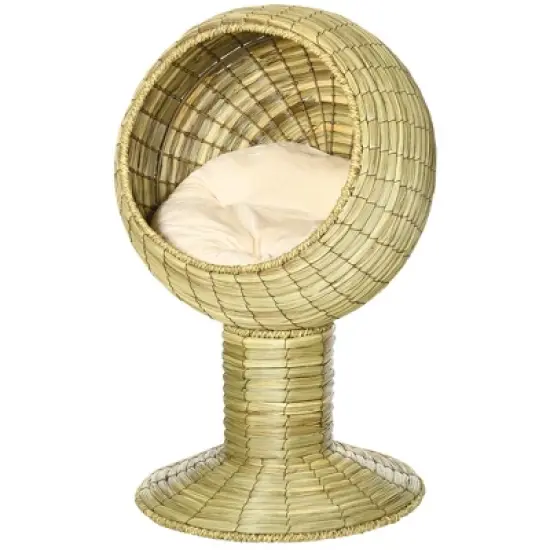 PawHut Elevated Cat Bed with Rotatable Egg Chair Pod, Cat Basket Bed with Thick Cushion, Natural Mat Grass Woven Kitty House image {3}