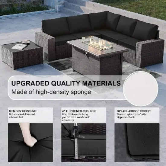 ALAULM 7 Pieces Outdoor Patio Furniture Set with 43" Gas Propane Fire Pit Table PE Wicker Rattan Sectional Sofa image {7}