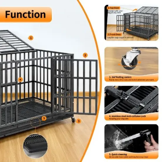 XBRIGH 48-Inch Blue\Orange\Green\Black Heavy Duty Dog Crate with Wheels, Sturdy Door Lock, Double Doors and Removable Tray Design image {6}