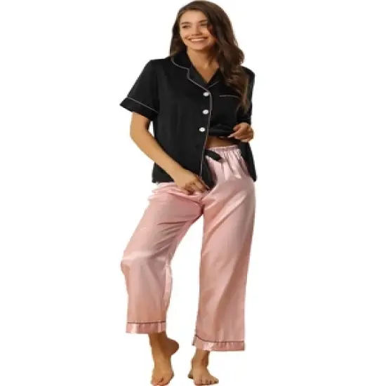 cheibear Womens Satin Summer Button Down Short Sleeve Tops with Pants Silky Lounge Pajama Sets image {7}