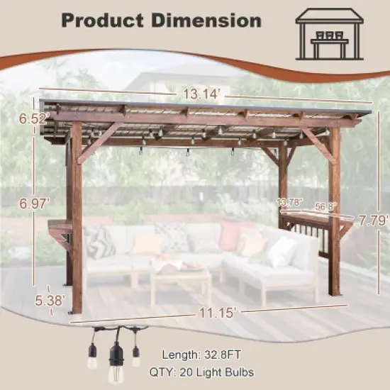 1pc Outdoor Pergola with Fir Wood Frame and Metal Roof Includes Bar Counters No Furniture Included - Coolbibila image {3}